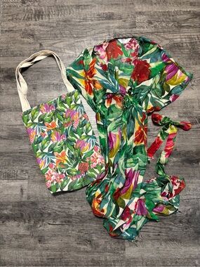 Tropical Floral Cover-Up, Scarf & Tote Set - Green Multi